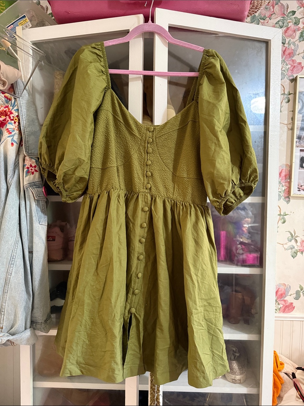Maeve Anthropologie Smocked Olive Green Puff-Sleeve Mini Dress 1X